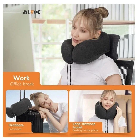 Memory Foam Neck Pillow Travel Kit w/ Eye Mask, Earplugs & Bag – Black - Picture 6 of 8